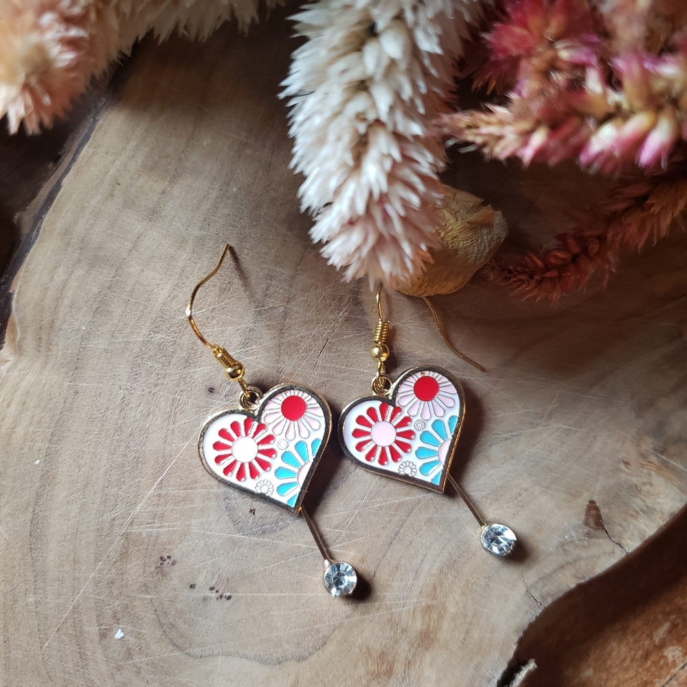 Handcrafted Enamel Japanese Floral Heart Decorative Diamond Dangle Earrings